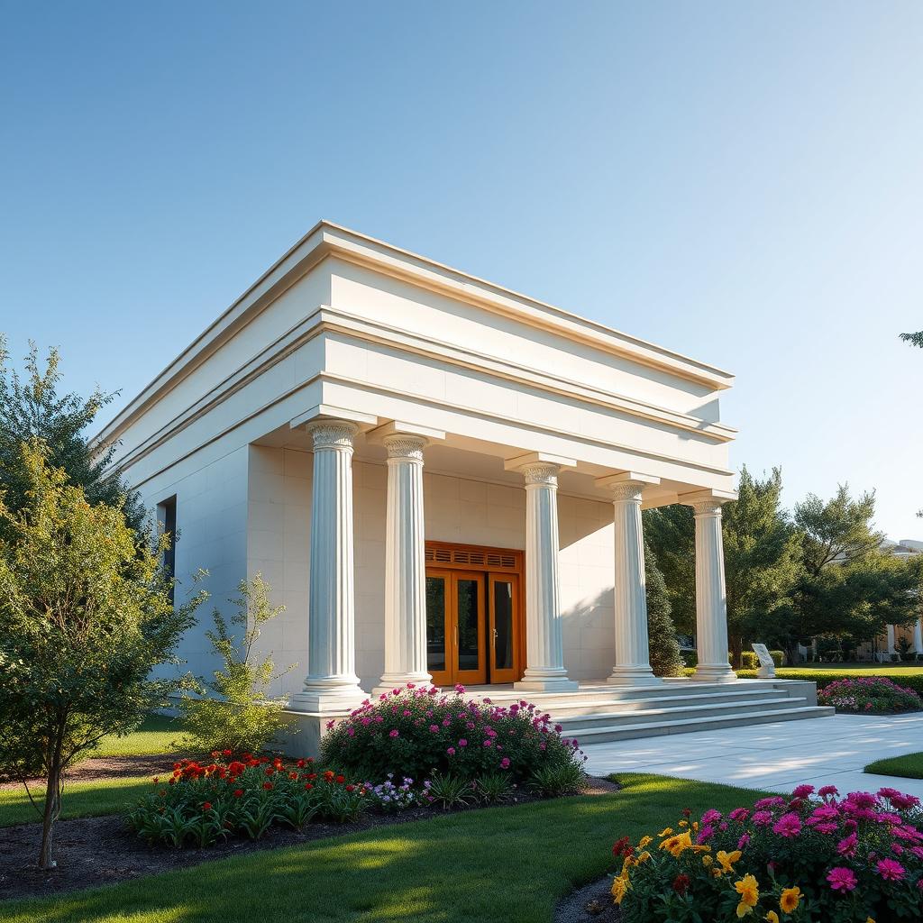 A small theater featuring modern architecture with a medium inspiration from Greek architectural concepts, including columns, moldings, and classical elements