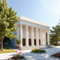 A small theater featuring modern architecture with a medium inspiration from Greek architectural concepts, including columns, moldings, and classical elements