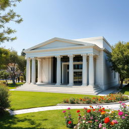 A small theater featuring modern architecture with a medium inspiration from Greek architectural concepts, including columns, moldings, and classical elements
