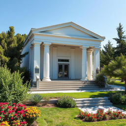 A small theater featuring modern architecture with a medium inspiration from Greek architectural concepts, including columns, moldings, and classical elements