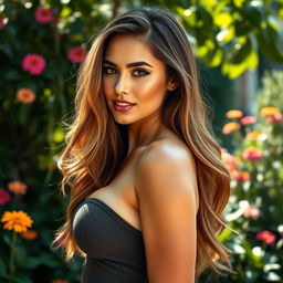 A beautiful woman with large breasts, styled with long, flowing hair that cascades over her shoulders
