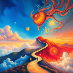 A surreal and vibrant representation of a journey through emotions, featuring a landscape divided into sections that each symbolize a different emotion