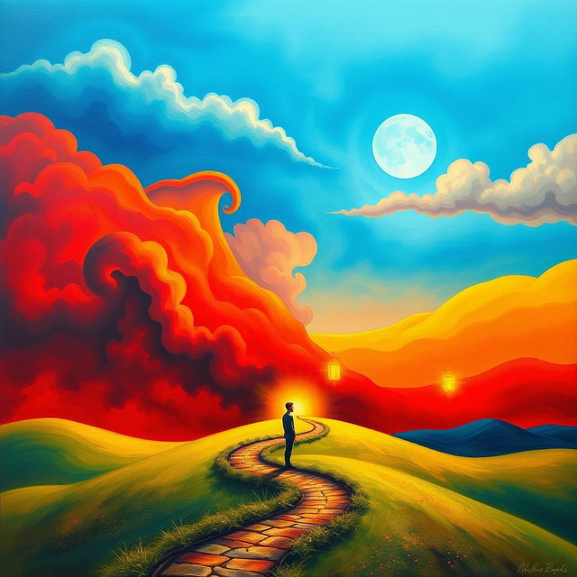 A surreal and vibrant representation of a journey through emotions, featuring a landscape divided into sections that each symbolize a different emotion