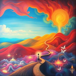 A surreal and vibrant representation of a journey through emotions, featuring a landscape divided into sections that each symbolize a different emotion