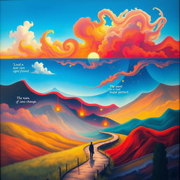 A surreal and vibrant representation of a journey through emotions, featuring a landscape divided into sections that each symbolize a different emotion