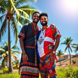 A vibrant and engaging scene titled 'Más Allá de la Frontera' featuring two real men, one Haitian and one Dominican, symbolizing the unity between their nations