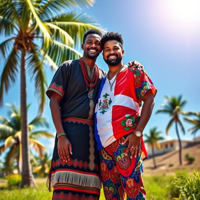A vibrant and engaging scene titled 'Más Allá de la Frontera' featuring two real men, one Haitian and one Dominican, symbolizing the unity between their nations