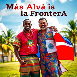 A vibrant and engaging scene titled 'Más Allá de la Frontera' featuring two real men, one Haitian and one Dominican, symbolizing the unity between their nations