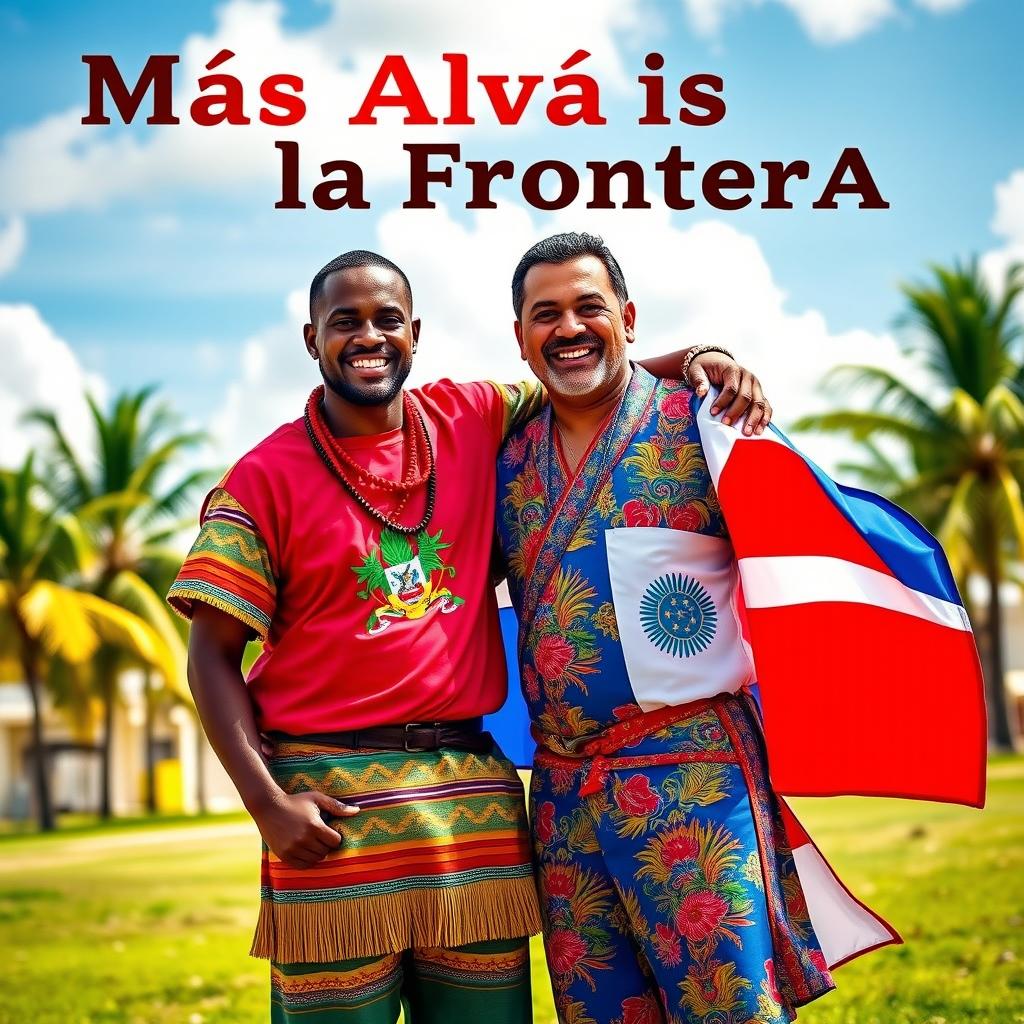 A vibrant and engaging scene titled 'Más Allá de la Frontera' featuring two real men, one Haitian and one Dominican, symbolizing the unity between their nations