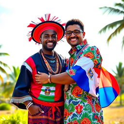 A vibrant and engaging scene titled 'Más Allá de la Frontera' featuring two real men, one Haitian and one Dominican, symbolizing the unity between their nations