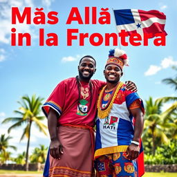 A vibrant and engaging scene titled 'Más Allá de la Frontera' featuring two real men, one Haitian and one Dominican, symbolizing the unity between their nations