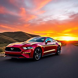A stunning Ford Mustang parked under a vibrant sunset, the car showcasing its sleek lines and iconic design