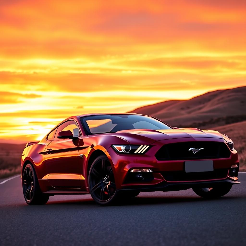 A stunning Ford Mustang parked under a vibrant sunset, the car showcasing its sleek lines and iconic design