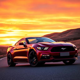 A stunning Ford Mustang parked under a vibrant sunset, the car showcasing its sleek lines and iconic design