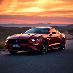 A stunning Ford Mustang parked under a vibrant sunset, the car showcasing its sleek lines and iconic design