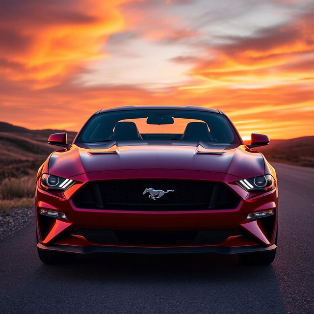 A stunning Ford Mustang parked under a vibrant sunset, the car showcasing its sleek lines and iconic design