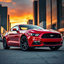 A sleek and powerful Ford Mustang parked in an urban setting at sunset, showcasing its vibrant red color, glossy finish, and aerodynamic design