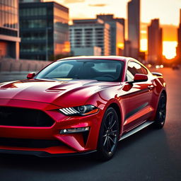 A sleek and powerful Ford Mustang parked in an urban setting at sunset, showcasing its vibrant red color, glossy finish, and aerodynamic design