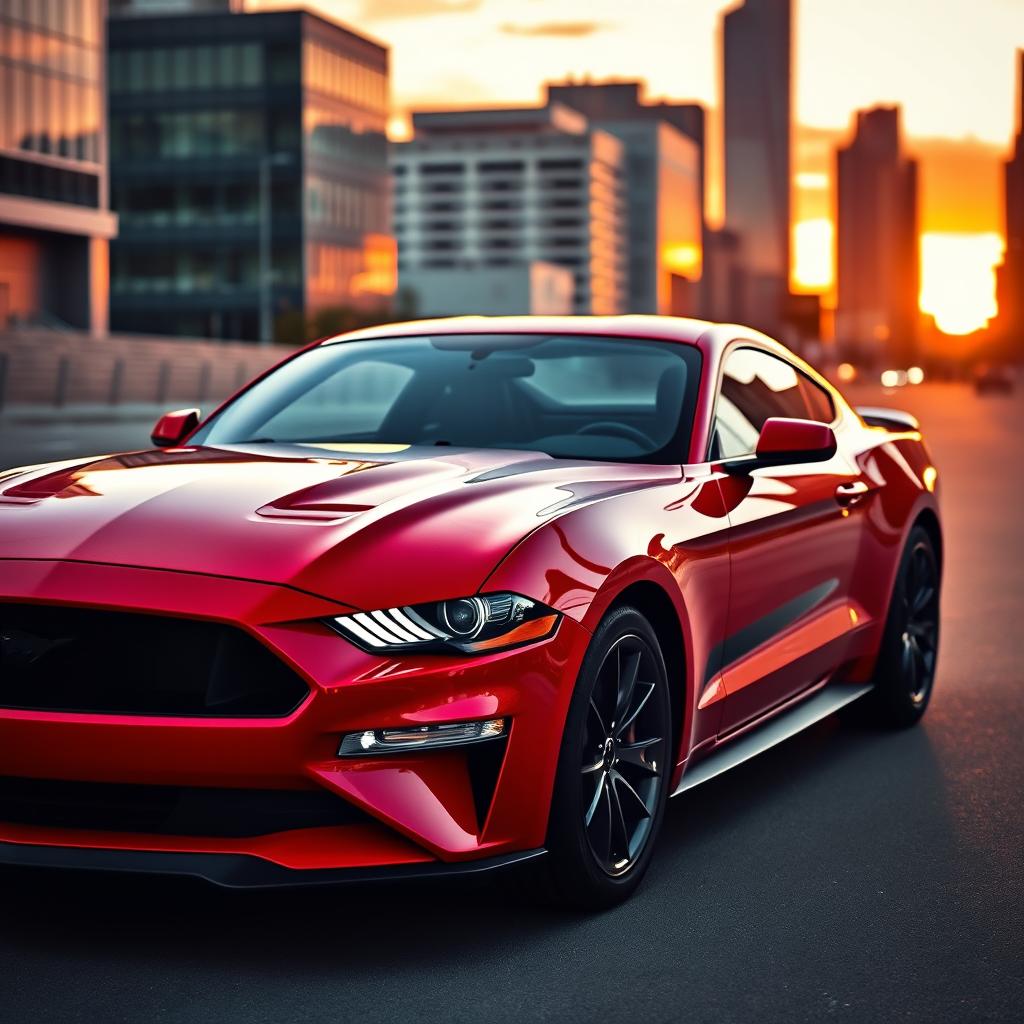 A sleek and powerful Ford Mustang parked in an urban setting at sunset, showcasing its vibrant red color, glossy finish, and aerodynamic design