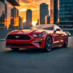 A sleek and powerful Ford Mustang parked in an urban setting at sunset, showcasing its vibrant red color, glossy finish, and aerodynamic design