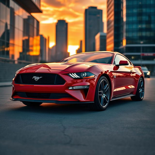 A sleek and powerful Ford Mustang parked in an urban setting at sunset, showcasing its vibrant red color, glossy finish, and aerodynamic design