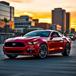 A sleek and powerful Ford Mustang parked in an urban setting at sunset, showcasing its vibrant red color, glossy finish, and aerodynamic design