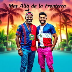 A striking and vibrant scene titled 'Más Allá de la Frontera' featuring two real men, one Haitian and one Dominican, symbolizing the unity between their nations