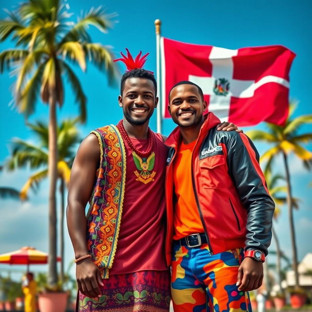 A striking and vibrant scene titled 'Más Allá de la Frontera' featuring two real men, one Haitian and one Dominican, symbolizing the unity between their nations