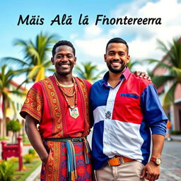 A striking and vibrant scene titled 'Más Allá de la Frontera' featuring two real men, one Haitian and one Dominican, symbolizing the unity between their nations