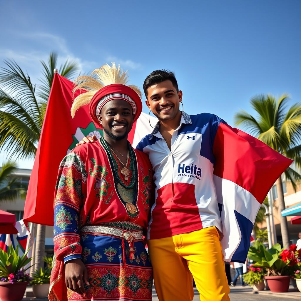 A striking and vibrant scene titled 'Más Allá de la Frontera' featuring two real men, one Haitian and one Dominican, symbolizing the unity between their nations