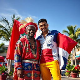 A striking and vibrant scene titled 'Más Allá de la Frontera' featuring two real men, one Haitian and one Dominican, symbolizing the unity between their nations