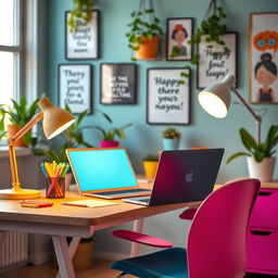 A vibrant and lively mobile setup featuring a colorful workspace