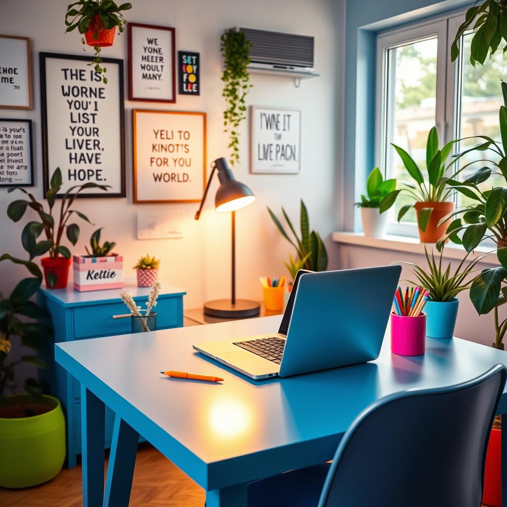 A vibrant and lively mobile setup featuring a colorful workspace