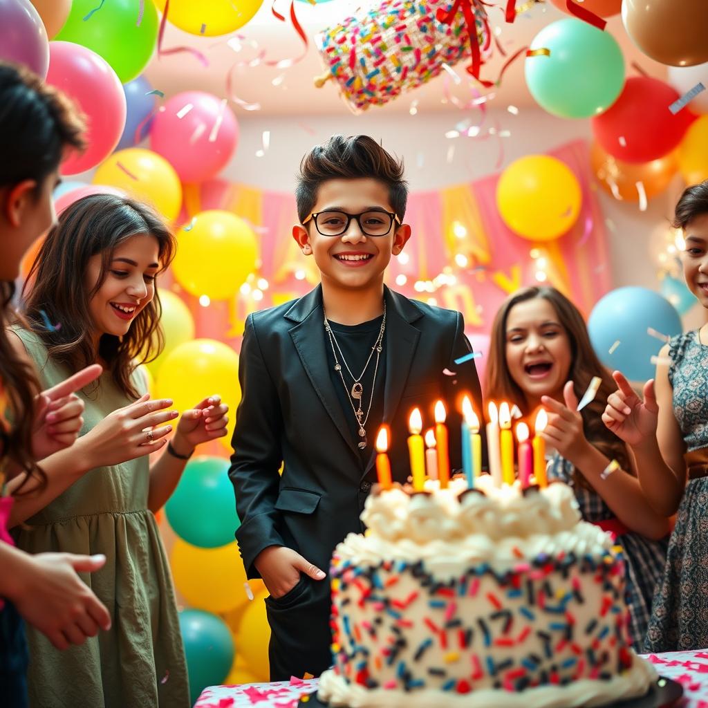 A vibrant birthday scene celebrating a 14-year-old boy's special day