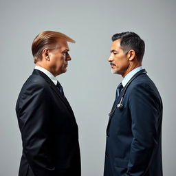 An imaginative portrayal of a face-off between two men: one resembling a prominent political leader, styled like a president, and the other a medical professional