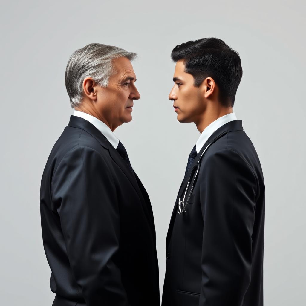 An imaginative portrayal of a face-off between two men: one resembling a prominent political leader, styled like a president, and the other a medical professional
