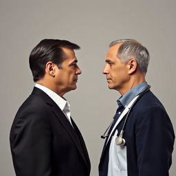 An imaginative portrayal of a face-off between two men: one resembling a prominent political leader, styled like a president, and the other a medical professional