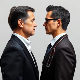 An imaginative portrayal of a face-off between two men: one resembling a prominent political leader, styled like a president, and the other a medical professional