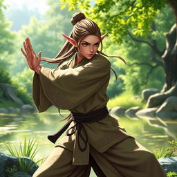 A half-elf monk character in a serene, natural setting, practicing martial arts