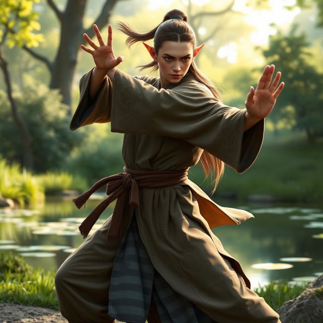 A half-elf monk character in a serene, natural setting, practicing martial arts