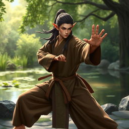 A half-elf monk character in a serene, natural setting, practicing martial arts