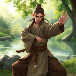 A half-elf monk character in a serene, natural setting, practicing martial arts