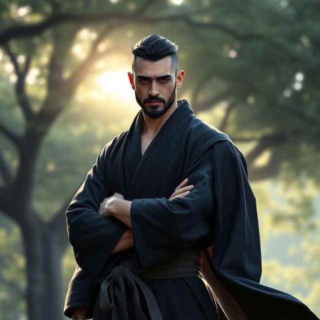 A male half-elf monk standing in a confident pose, showcasing his athletic build