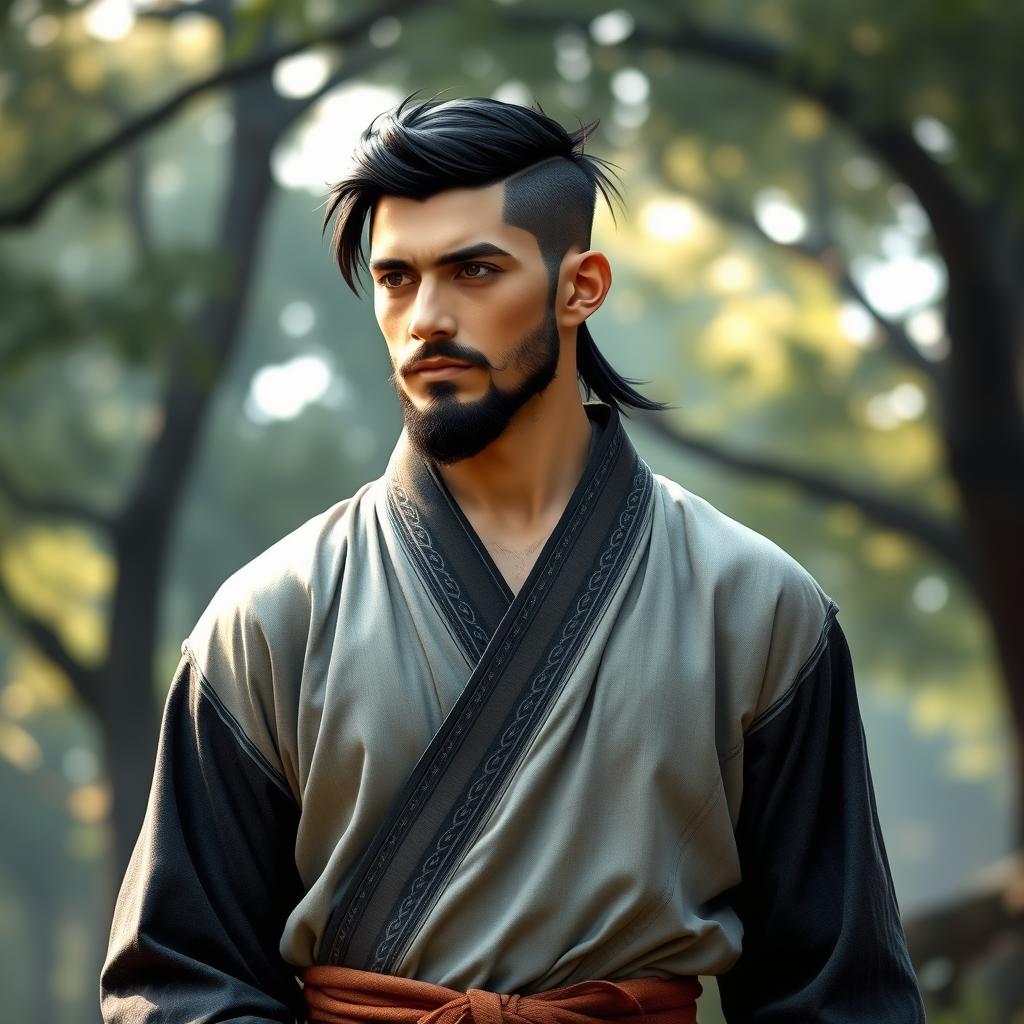 A male half-elf monk standing in a confident pose, showcasing his athletic build