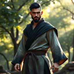 A male half-elf monk standing in a confident pose, showcasing his athletic build