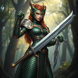 A fierce female dragonborn paladin standing proudly in shining chainmail armor, her scales reflecting hues of deep emerald green and bronze, with striking yellow eyes that exhibit determination