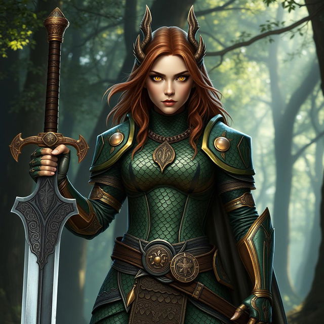 A fierce female dragonborn paladin standing proudly in shining chainmail armor, her scales reflecting hues of deep emerald green and bronze, with striking yellow eyes that exhibit determination