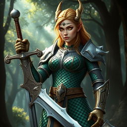 A fierce female dragonborn paladin standing proudly in shining chainmail armor, her scales reflecting hues of deep emerald green and bronze, with striking yellow eyes that exhibit determination