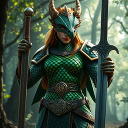 A fierce female dragonborn paladin standing proudly in shining chainmail armor, her scales reflecting hues of deep emerald green and bronze, with striking yellow eyes that exhibit determination