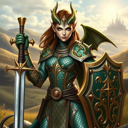 A fierce female Dragonborn paladin standing confidently, adorned in intricately designed chainmail armor that shines under a bright sun